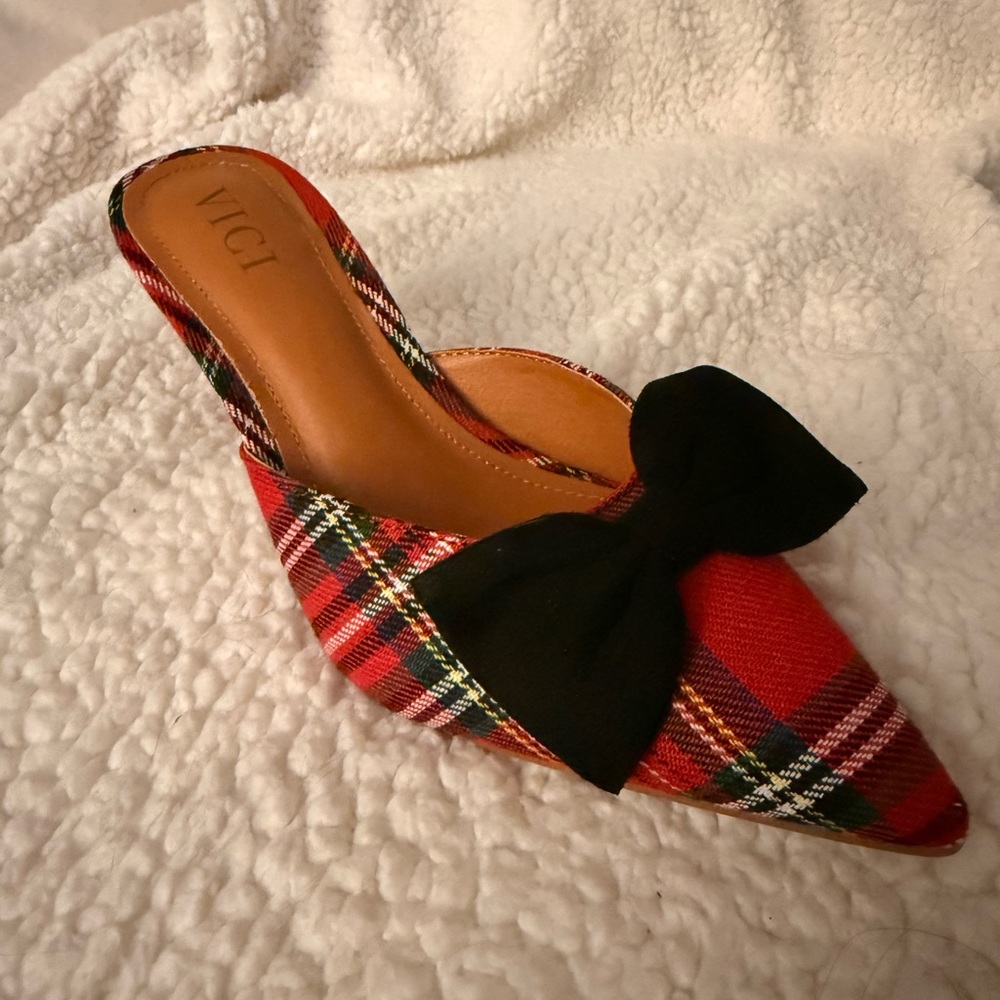 Vici Red Tartan Mules with Black Bow